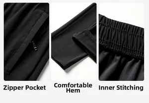 Detail view of zipper pocket, elastic waistband and stitched hem on black ice silk pants