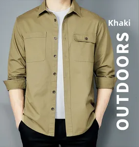 Close-up of khaki cotton cargo shirt with symmetrical chest pockets and classic collar