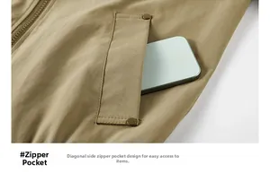 Close-up of khaki cotton flight jacket side pocket with zipper and snap button closure