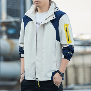 Men's hooded windproof waterproof jacket with minimalist blue and beige color block design