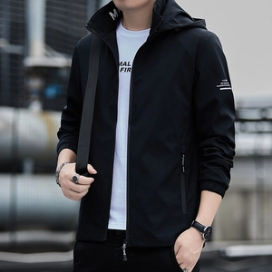 Men's casual black hooded jacket with windproof fabric and sleeve letter print