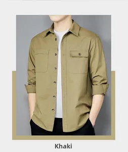 Close-up detail of khaki cotton work shirt with double breast pockets and turn-down collar