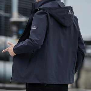 Men's navy blue hooded windbreaker jacket with stylish sleeve print and zip pockets