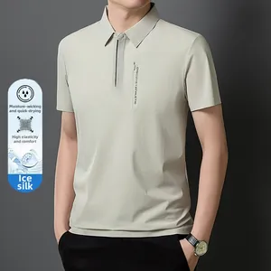 Close-up of men's ice silk polo shirt featuring zipper placket and chest pocket detail