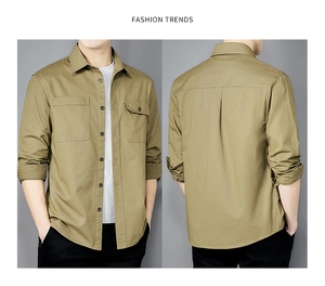 Detail view of khaki cotton utility shirt with symmetrical double breasted pockets