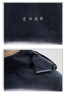 Detail of waterproof outdoor jacket showing leaf print and detachable hood design
