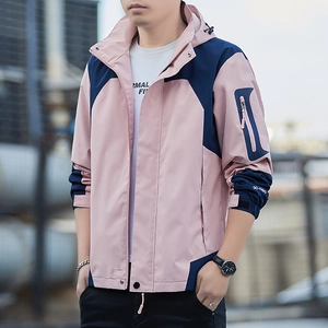 Men's outdoor hooded jacket with pink and navy blue color block and waterproof fabric