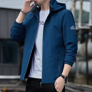 Men's navy blue casual hooded jacket with stylish sleeve print and metal zipper closure