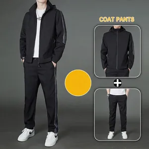Survêtement de Sport Décontracté pour Homme Veste à Capuche Zippée et Pantalon Droit à Rayures Contrastées Printemps Automne