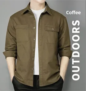 Detail of coffee brown cargo shirt with flap pockets and durable cotton texture