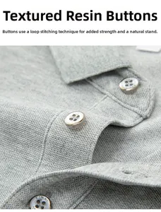 Detail of light gray polo shirt collar with premium resin button and pique cotton texture