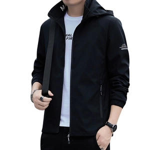 Men's casual slim fit black hooded windbreaker jacket with stylish sleeve print detail