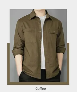 Detailed view of coffee cotton long sleeve shirt with double chest pockets for men