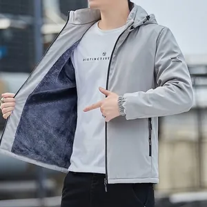 Men's light grey hooded windbreaker jacket with warm navy fleece lining and zipper