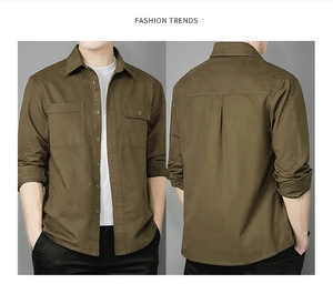 Detail view of olive green cotton work shirt showing front pockets and back pleat design