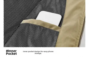 Detail of khaki jacket inner mesh lining with a functional pocket for smartphone storage