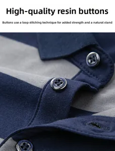 Gros plan détaillé sur les boutons en résine et le tissu rayé d'un polo pour hommes