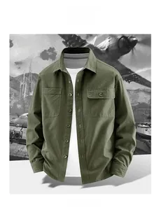 Detail view of army green cotton cargo shirt with dual flap pockets and twill texture