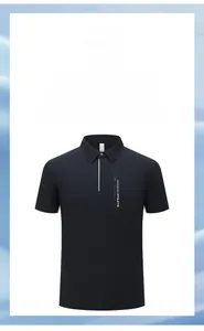 Detail of navy blue men's zip-up Polo shirt made from breathable wrinkled fabric