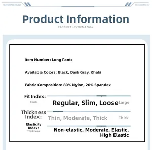 Detail specifications of ice silk pants showing 80% nylon and 20% spandex material