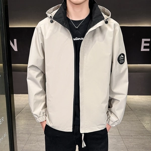 Men's hooded utility jacket in light beige and black two-tone casual style