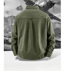 Detail view of the back of olive green workwear shirt with box pleat and reinforced collar