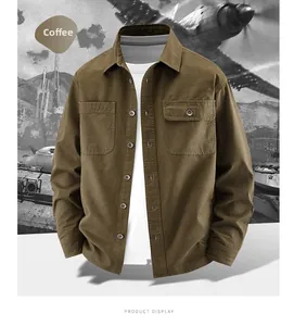 Detail shot of brown cotton work shirt with cargo chest pockets in coffee brown
