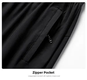 Detail view of the secure zipper pocket on men's black ice silk lightweight sports pants