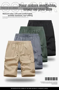 Detail of four-color men cargo shorts with elastic drawstring waist and large pockets