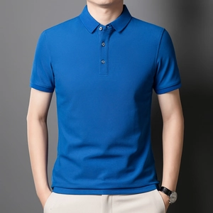 Detailed close-up of premium royal blue pique cotton fabric and collar on a men's polo shirt