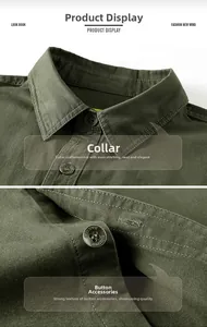 Detail of army green work shirt featuring classic collar and embossed buttons