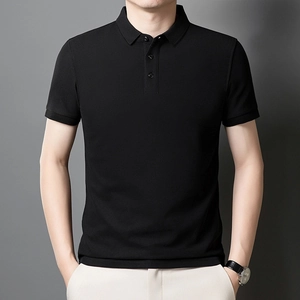 Detail shot of black mercerized cotton polo shirt fabric texture and slim fit design