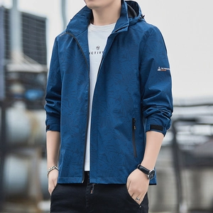 Men's navy blue hooded windbreaker jacket with leaf pattern and adjustable cuffs