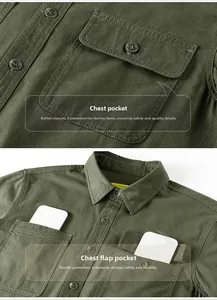 Detail of army green cargo shirt showing symmetrical flap pockets and reinforced stitching