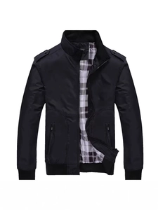 Men's Casual Stand Collar Jacket Windproof Polyester Fabric Plaid Lining Epaulette Design Outdoor Fashion Zip Outerwear