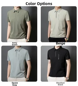 Detail of short sleeve polo shirt with zipper collar and vertical pocket in four colors