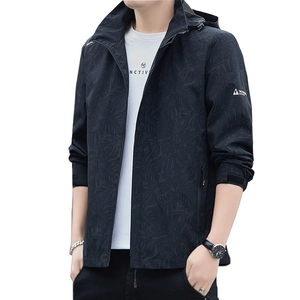 Men's waterproof hooded windbreaker with tropical leaf print and adjustable cuffs