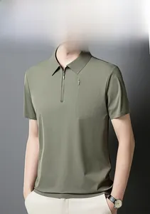 Detail of olive green men's polo shirt with zipper collar and chest pocket
