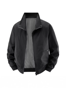 Men's black cotton flight jacket with stand collar and mesh lining on white background
