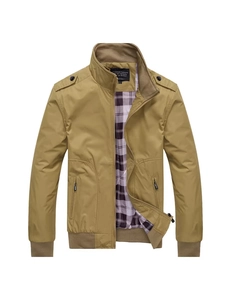 Men's khaki bomber jacket with stand collar and purple checkered lining in casual style