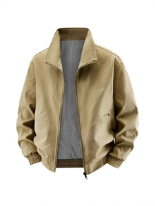 Men's khaki multi-pocket cotton flight jacket with stand collar and ribbed cuffs