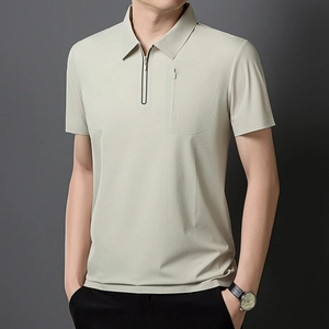 Detail shot of men's polo shirt with zip collar and a vertical chest zipper pocket