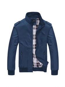 Men's navy blue standing collar jacket with plaid lining and casual zipper design