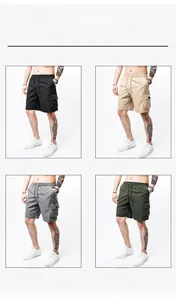 Detail of cargo shorts featuring elastic drawstring waist and side flap pockets in four colors