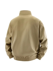 Back view of a khaki cotton flight bomber jacket with a stand collar and elastic hem