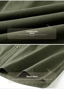 Detailed view of the olive green cotton fabric texture and precise hem stitching on men's shirt