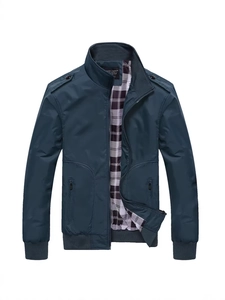 Men's dark green windproof baseball jacket with stand collar and plaid lining detail
