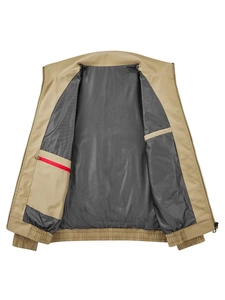 Men's khaki flight jacket with breathable black mesh lining and red zipper inner pocket