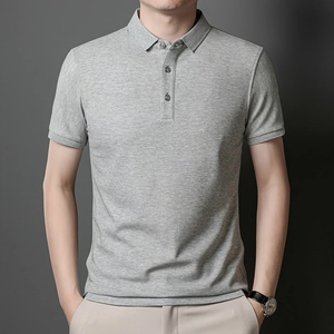 Detail of grey short sleeve Polo shirt showing fabric texture and three-button placket