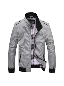 Men's casual stand collar jacket in light grey with purple plaid lining and epaulettes